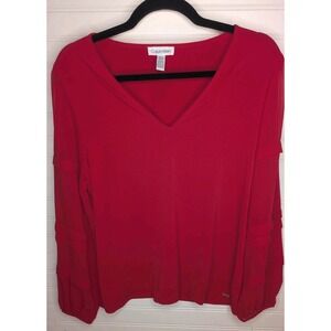 Calvin Klein Women's Long Sleeve Top Medium‎ Mesh Sleeves Solid Red Lightweight
